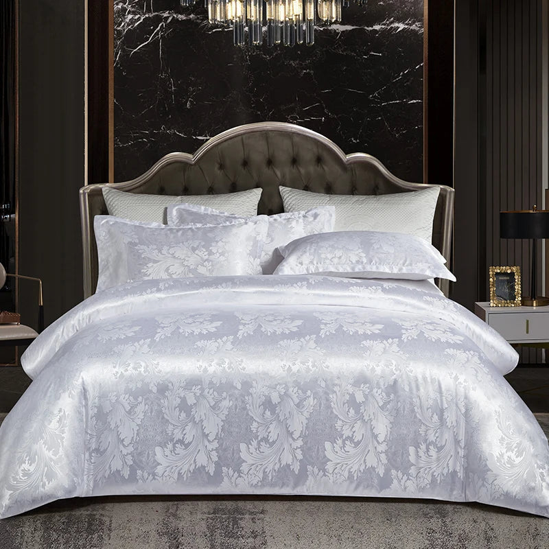 Floral Jacquard Satin Duvet Cover Set Queen 3 Piece Luxury Silk Like Bedding Comforter Covers with Zipper Closure & Corner Ties