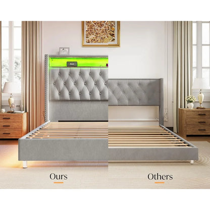 King Bed Frame with Headboard LED Lights and Charging Station, Velvet Tall Upholstered Platform Bed Storage No Box Spring Needed