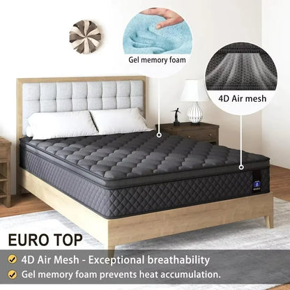 Queen Mattress,14 Inch Hybrid Mattress Black,Euro Top Mattress Medium Firm for Back & Lumbar Support,100 Night Trial, Individual