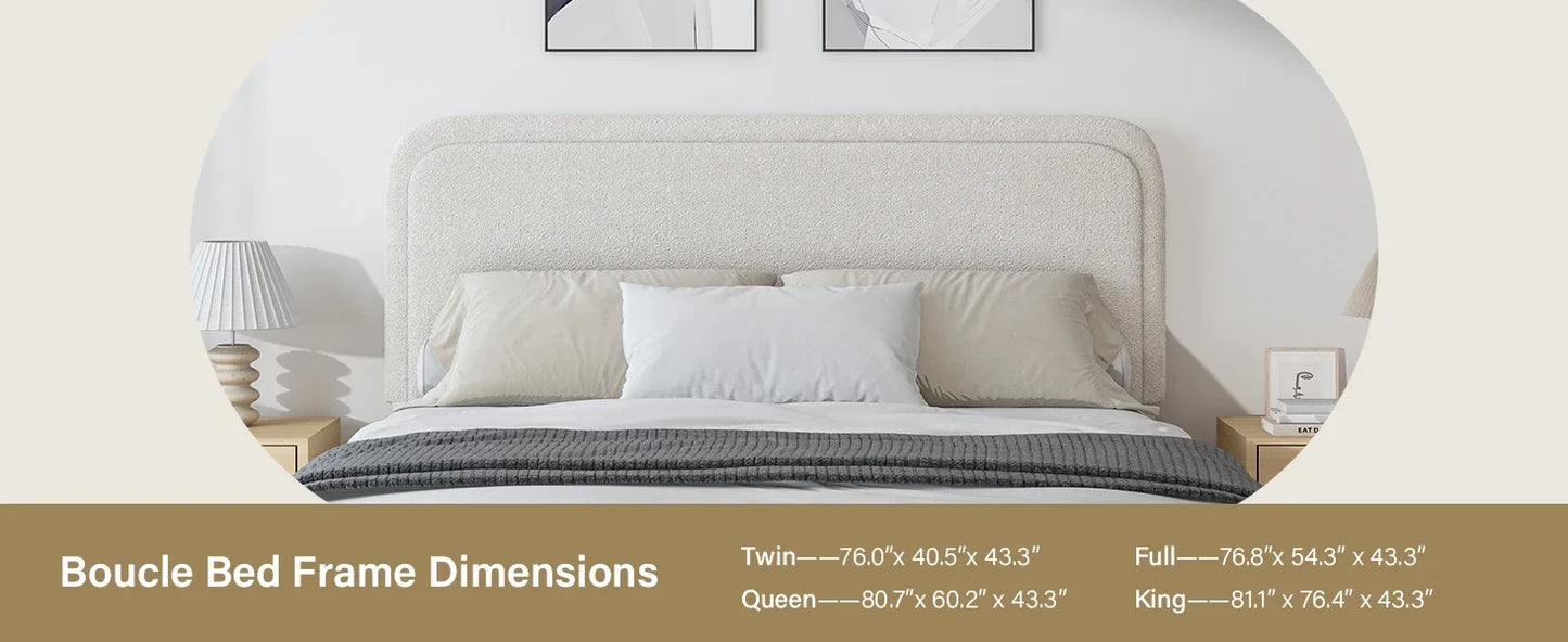 King and Headboard,Boucle Upholstered Platform Bed Frame,Modern Style,Soft Rounded Corners,No Box Spring Required,Easy