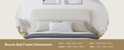 King and Headboard,Boucle Upholstered Platform Bed Frame,Modern Style,Soft Rounded Corners,No Box Spring Required,Easy