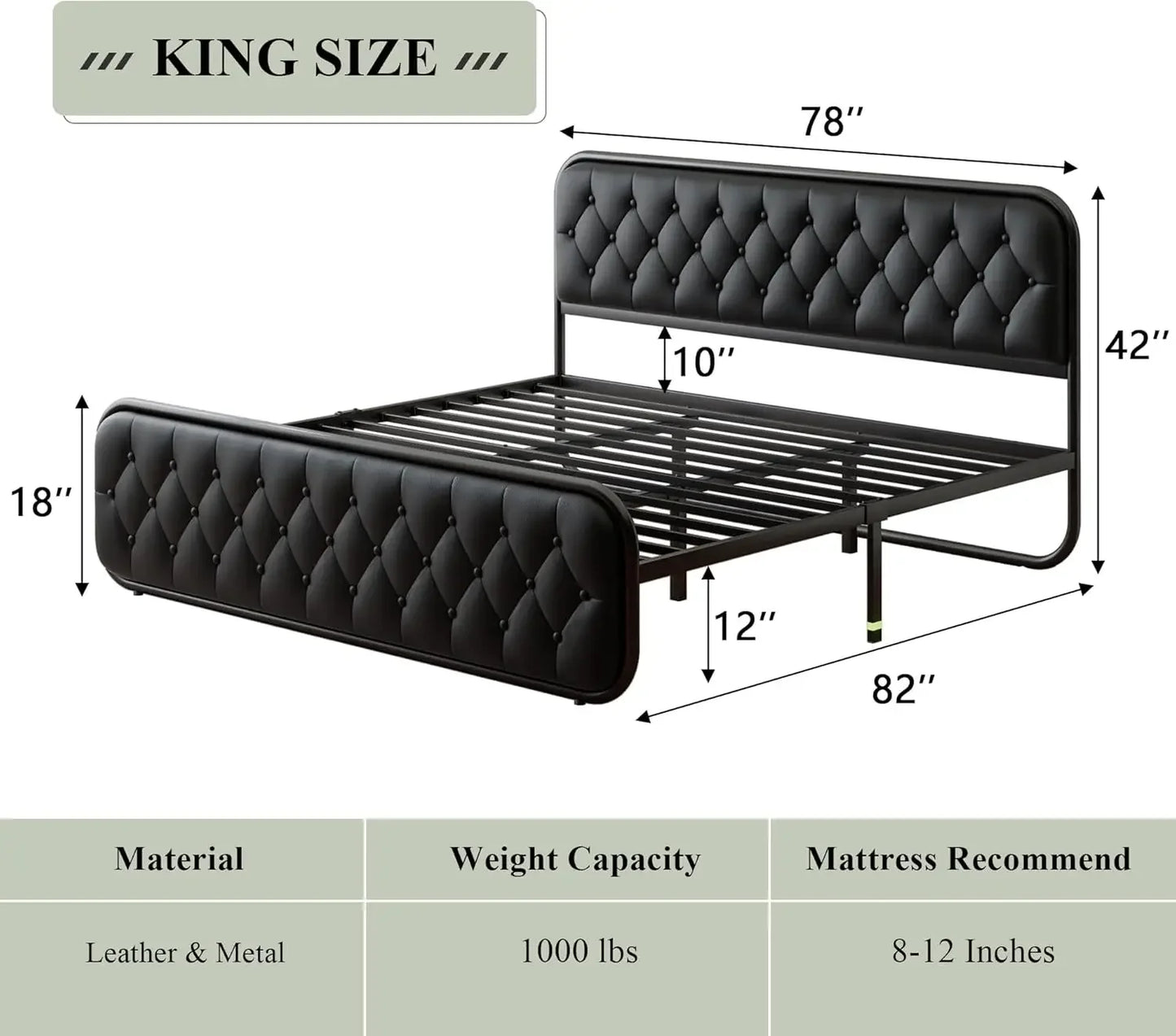 Heavy Duty Bed Frame with Faux Leather Headboard, Upholstered Platform Bed with Strong Metal Slats, 12" Under-Bed Storage