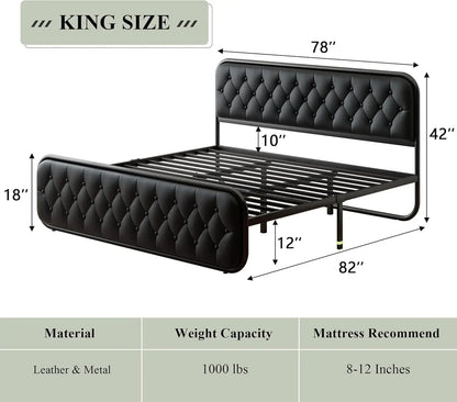 Heavy Duty Bed Frame with Faux Leather Headboard, Upholstered Platform Bed with Strong Metal Slats, 12" Under-Bed Storage