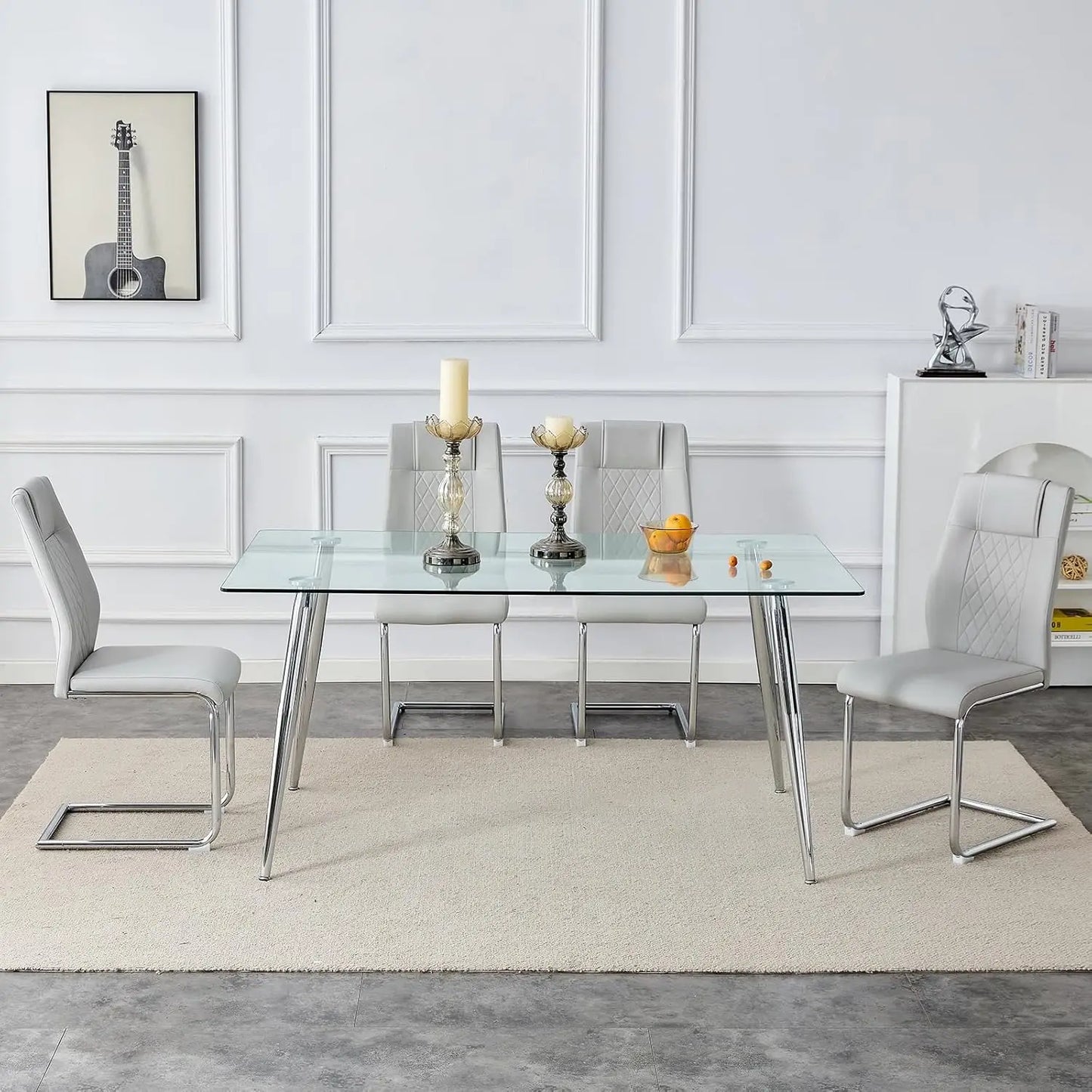 Glass Dining Table Set for 4,5 Piece Dining Table and Chairs Set，Modern Kitchen Dining Room Table with 4 Black PU Leather