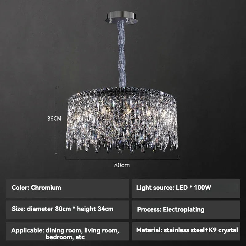 Italy Designer Luxury Chrome Chandelier K9 Crystal for Dining Room Hotel Hall Villa Bar Round Long  Hanging Light Fixture Decor