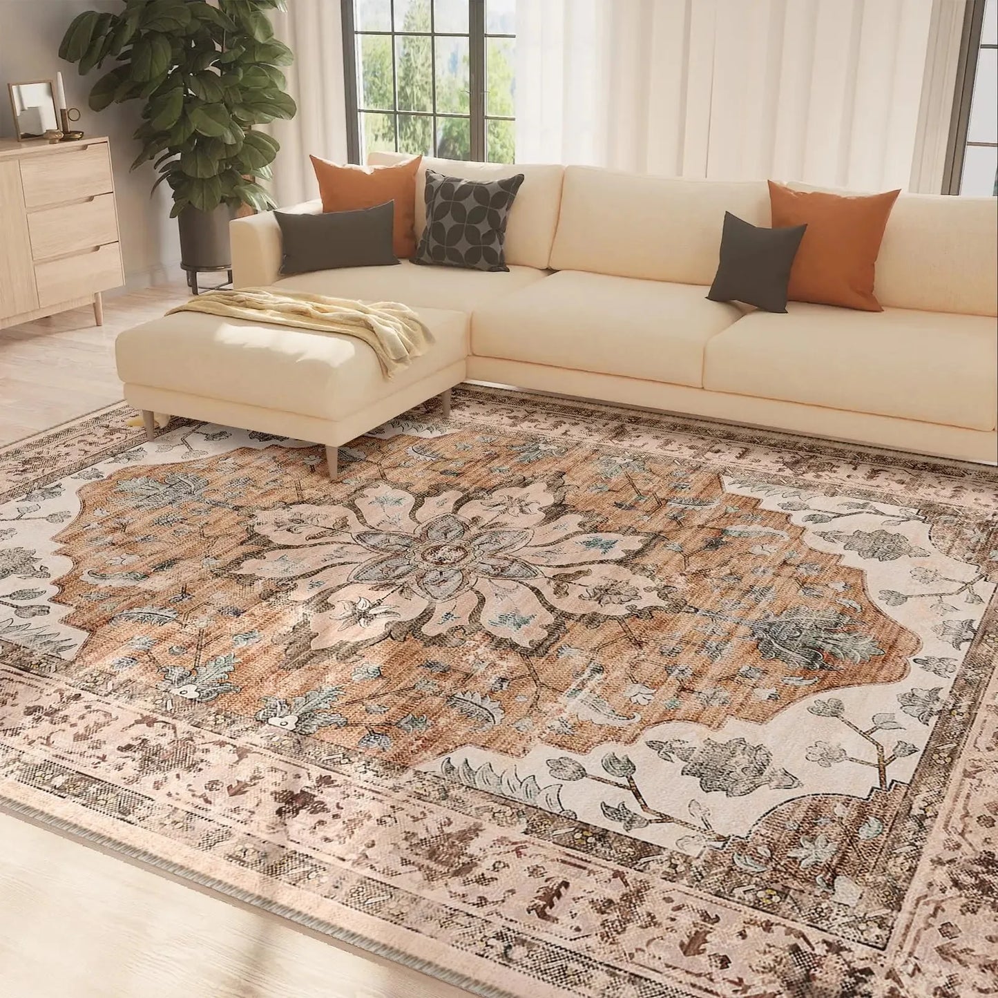 VIKAMA Boho Luxury Floral Loop-Pile Carpet - Chic Bohemian Area Rug for Living Room & Bedroom, Durable Non-Slip Mat Home Decor