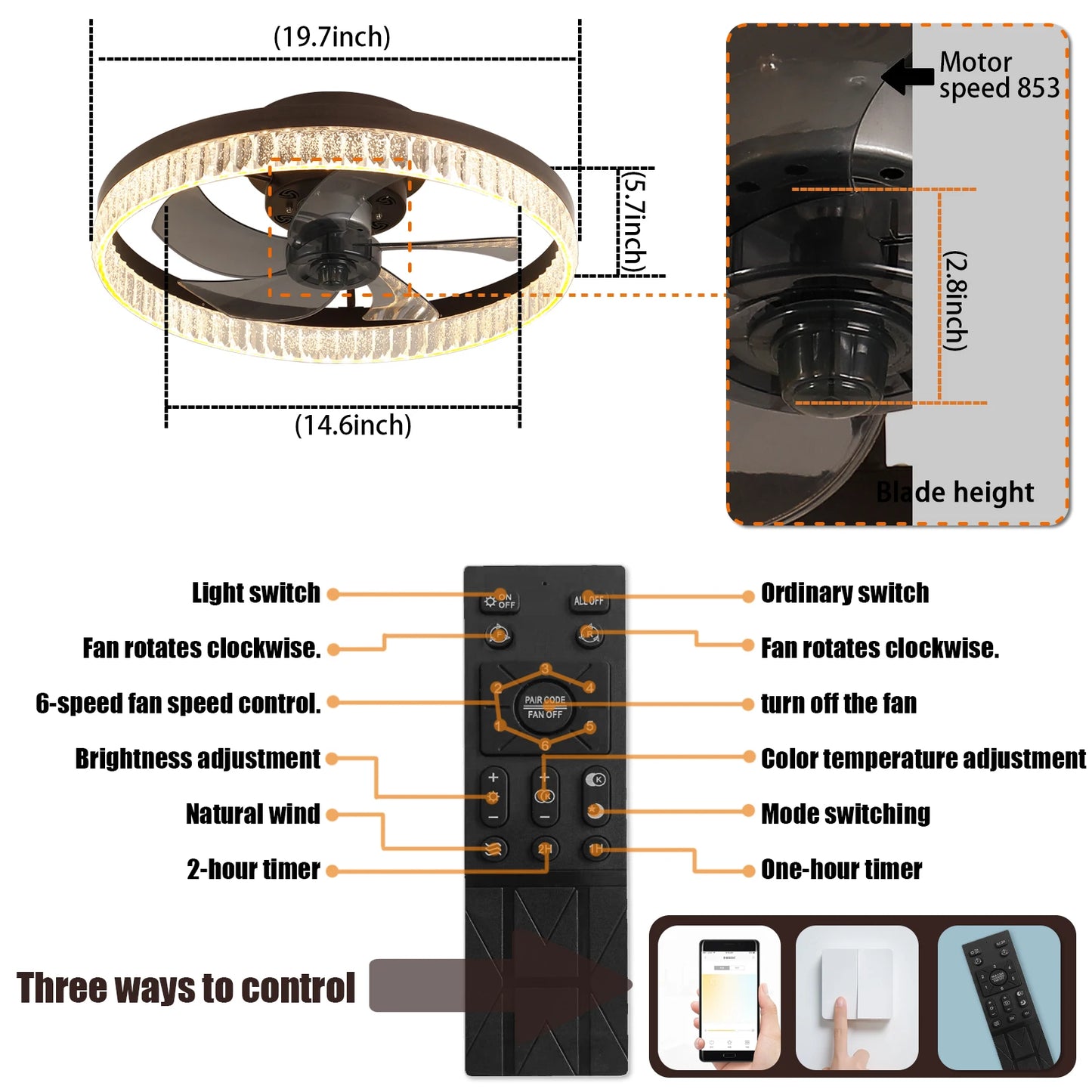 Ceiling Fans with Lights, Minimalist Ring Led Chandelier Fan with Remote Control Modern Ceiling Lamp for Bedroom Nursery Living