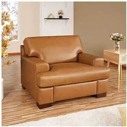 Genuine Leather Sofa - Luxurious Comfort, Goose Feather Cushion Filling, Square Arm Design, Sturdy Block Legs, Living Room Sofas