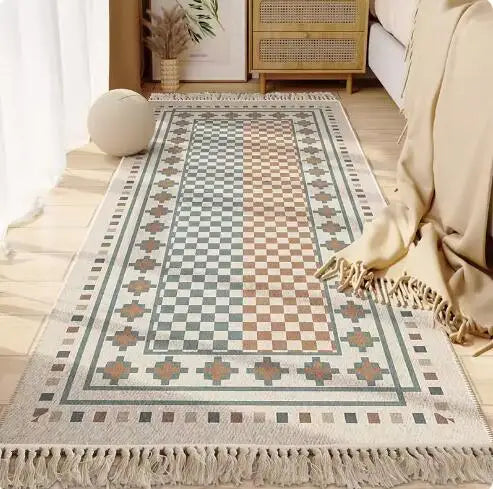 Morocco Bedroom Living Room Bedside Carpet Floor Mat Floral Kilim Cotton Linen Rectangular Rug Persian Tassel Carpet Tapis