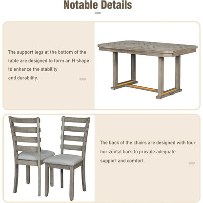 6 Pieces Dining Table Set with Bench, Rectangle Dining Table with 4 Upholstered Chairs & A Bench, Rubber Wood Dining Table Set