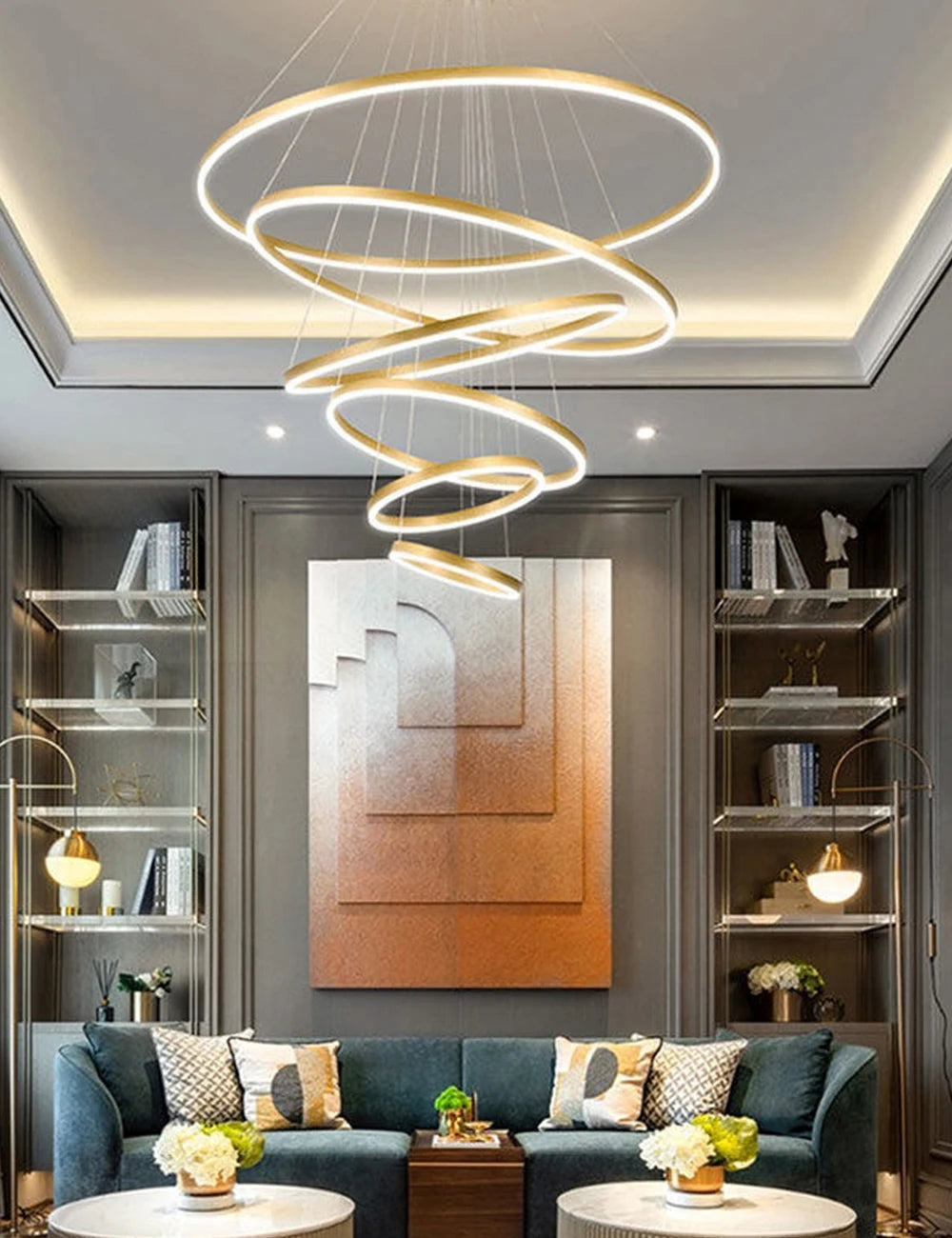 Modern LED pendant lights suitable for bedrooms, living rooms, and dining rooms. Circular ceiling chandelier, home lighting.