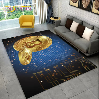 3D Bitcoin Virtual Currency Area Rug Large, Carpet Rug for Living Room Bedroom Sofa Playroom Doormat Decor, Kid Non-slip Floor Mat