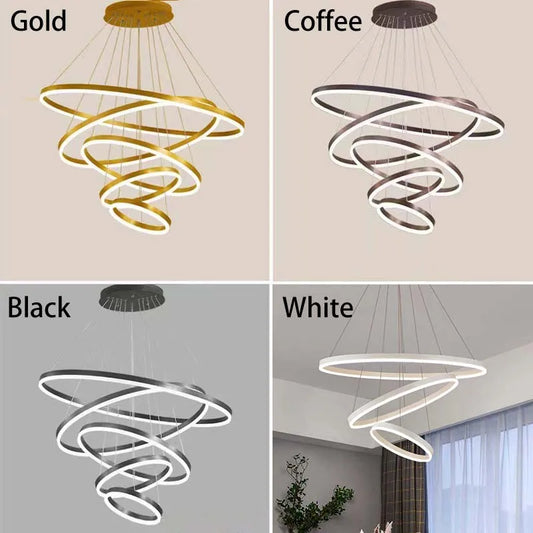 Modern LED pendant lights suitable for bedrooms, living rooms, and dining rooms. Circular ceiling chandelier, home lighting.