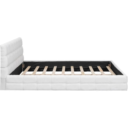 Large Cushioned Platform Bed Frame, Berber Wool Cushioned Grounded Bed with Solid Frame and Tufted Headboard