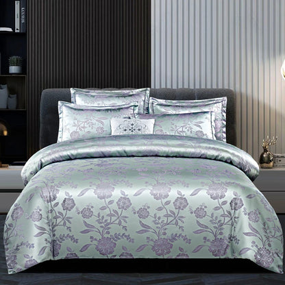 Floral Jacquard Satin Duvet Cover Set Queen 3 Piece Luxury Silk Like Bedding Comforter Covers with Zipper Closure & Corner Ties