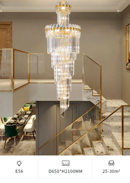 Post-Modern Duplex Villa Hall Crystal Chandelier Simple Light Luxury Jump Floor Floor Rotating Hollow Long Strip Crystal Chandel