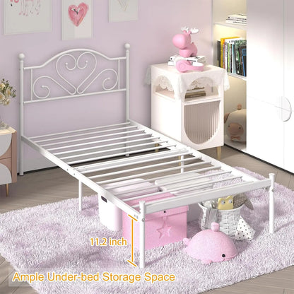 Full Size Bed Frame with Headboard, Heavy Duty Steel Slat Support Platform Under Bed Storage Space No Box Spring Needed, White