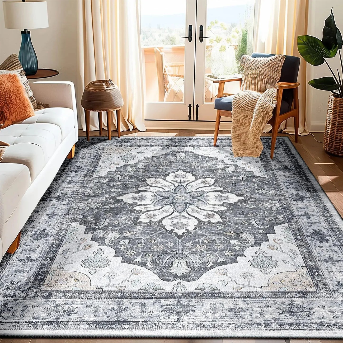 VIKAMA Boho Luxury Floral Loop-Pile Carpet - Chic Bohemian Area Rug for Living Room & Bedroom, Durable Non-Slip Mat Home Decor