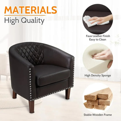 Comfy Accent Chair, Faux Leather Living Room Chairs Club Chair with Cushion, Nailhead Trim and Diamond Mesh Backrest