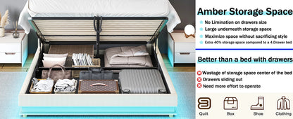 Bed Frame with Charging Station & Led Lights, Upholstered Platform Bed with Button Tufted Wingback Storage Headboard