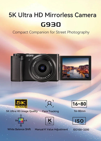 Digital Camera for Vlogging Videos with Flashlight 5X Optical Zoom 5K 30FPS 4K 60FPS  AF/MF IR Rechargeable Battery G930