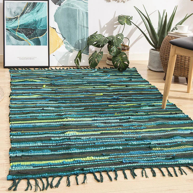 Cotton Tassel Carpet Rug Handmade Bedroom Rug Bedside Floor Mat Entrance Doormat Stripe Kitchen Mat Machine Washable Bath Rug