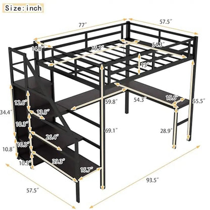 Full Size Gaming Loft Bed L-Shaped Desk Wardrobe Adjustable Shelf LED Charging Station Meta Loft Bed Kids Cozy Gaming Learning