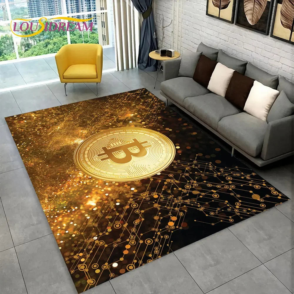 3D Bitcoin Virtual Currency Area Rug Large, Carpet Rug for Living Room Bedroom Sofa Playroom Doormat Decor, Kid Non-slip Floor Mat