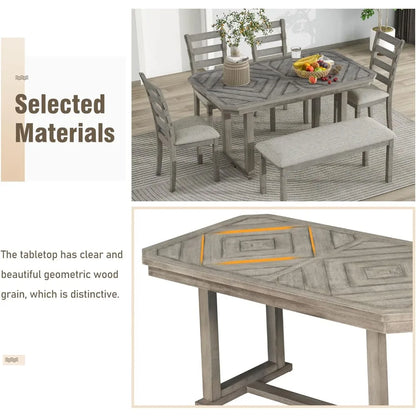 6 Pieces Dining Table Set with Bench, Rectangle Dining Table with 4 Upholstered Chairs & A Bench, Rubber Wood Dining Table Set