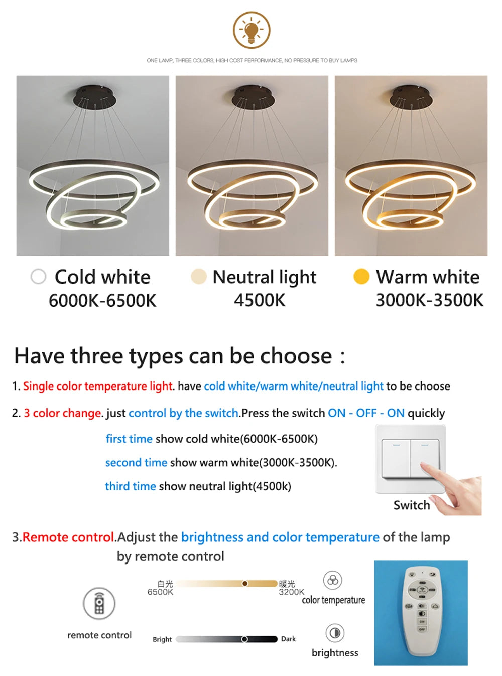 Modern LED pendant lights suitable for bedrooms, living rooms, and dining rooms. Circular ceiling chandelier, home lighting.