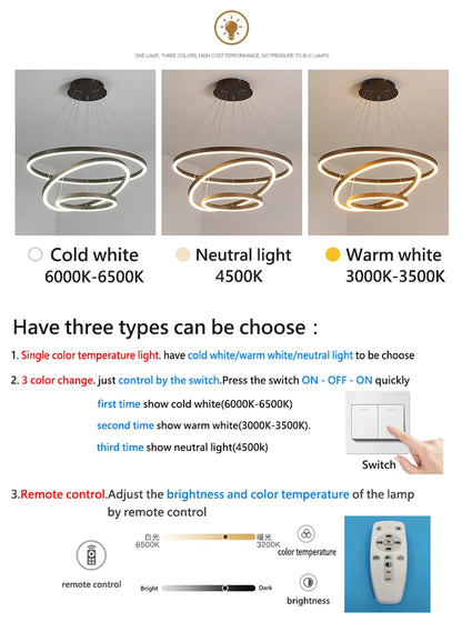 Modern LED pendant lights suitable for bedrooms, living rooms, and dining rooms. Circular ceiling chandelier, home lighting.