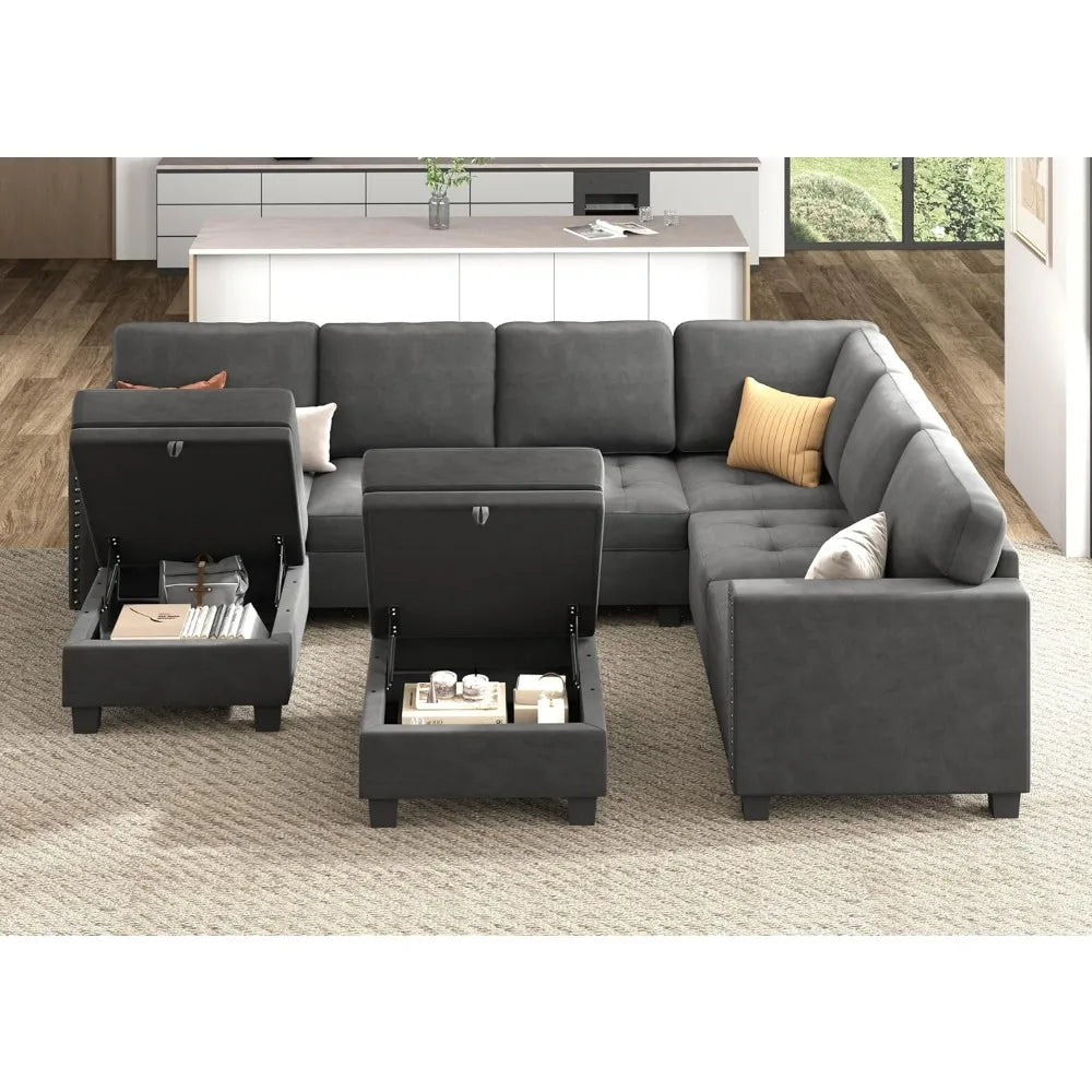 Velvet Modular Sectional Sofa, L Shaped Sofa Couch with Storage Top Tray Ottoman U Shape Sectional Couch for Living Room