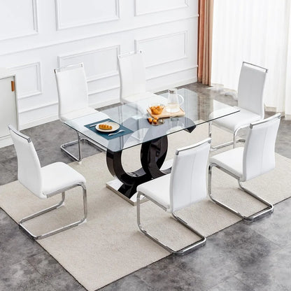 Glass Dining Table Set for 6 ,7 Piece Dining Table Set,Tempered Glass Table Top,PU Leather Ergonomic Dining Chairs Easy Assembly