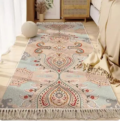 Morocco Bedroom Living Room Bedside Carpet Floor Mat Floral Kilim Cotton Linen Rectangular Rug Persian Tassel Carpet Tapis