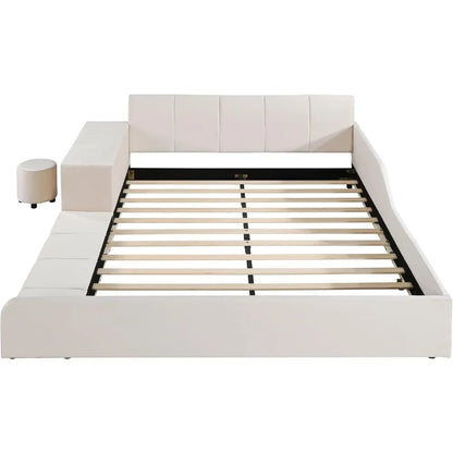 Queen Size Upholstered Grounded Bed with Bedside Desk and Stool,Upholstered Headboard,Grounded Upholstered Wood Base Bed Frame