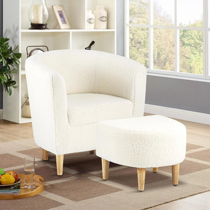 Accent Chair, Sherpa Chair White Fluffy Chair Teddy Barrel Chair with Ottoman Comfy ArmChair Footrest Set