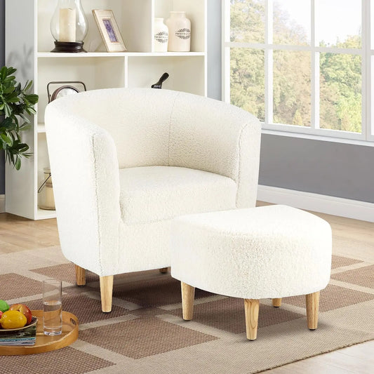 Accent Chair, Sherpa Chair White Fluffy Chair Teddy Barrel Chair with Ottoman Comfy ArmChair Footrest Set