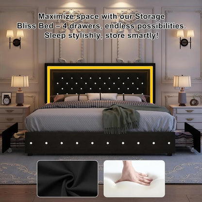 King Bed Frame with LED Lights, Storage Drawers, No Box Spring Needed, 900 lbs Capacity, Easy Assembly, bedroom furniture White