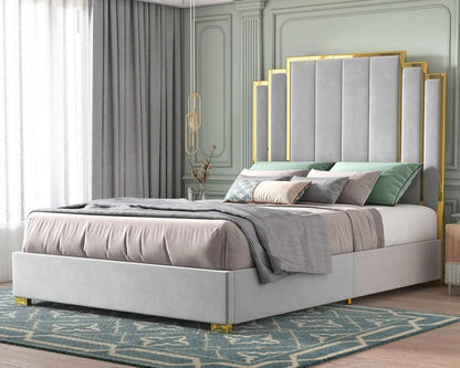bedstead King Size and 65" Headboard, Upholstered Bed with Golden Plating Trim, Platform Bed No Box Spring Needed,bedstead