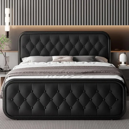 Heavy Duty Bed Frame with Faux Leather Headboard, Upholstered Platform Bed with Strong Metal Slats, 12" Under-Bed Storage