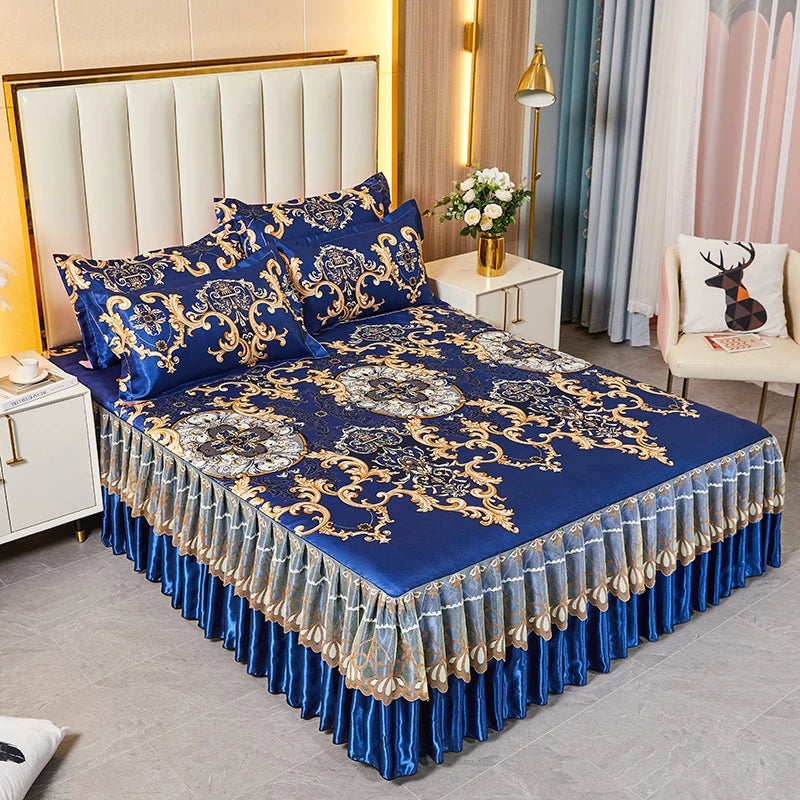 3pcs Set Luxury Classic Floral Bed Skirt with Pillowcase, Ice Silk Flower Print Bedding Set for Dorm, Bedroom, Guest Room Decor