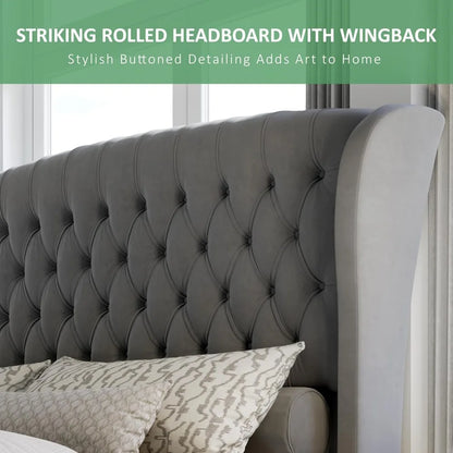 Queen Size Platform Bed Frame, Velvet Upholstered Sleigh Bed with Scroll Wingback Headboard & Footboard/Button Tufted Grey