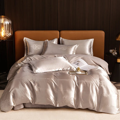 Floral Jacquard Satin Duvet Cover Set Queen 3 Piece Luxury Silk Like Bedding Comforter Covers with Zipper Closure & Corner Ties