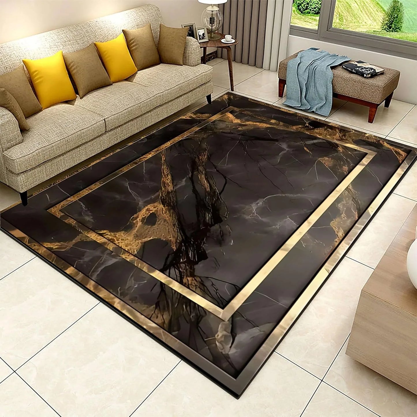 Black Gold Marble Area Rug Modern Abstract Geometric Rug Non-Slip Soft Floor Carpet Decor for Home Living Room Bedroom Office