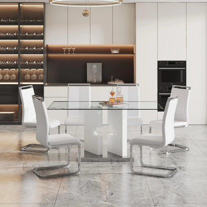Modern dining table set for 6 people, glass table with 6 faux leather chairs, kitchen display table, suitable for living room