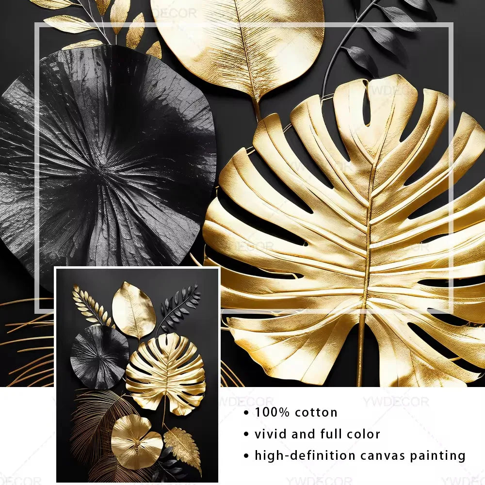 Luxury Black Gold Plant Leaves Canvas Poster Print Modern Home Abstract Wall Art Painting Living Room Luxury Decoration Gift
