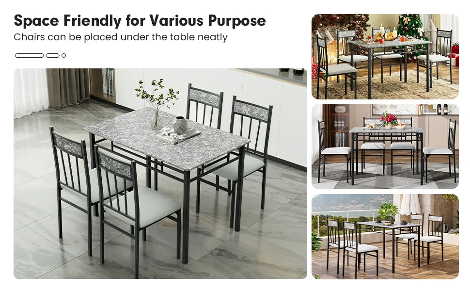 5-piece 4-person Dining Table Set, Imitation Marble Kitchen Table and Chairs 4-piece Set, Metal and Wooden Dining Table Set