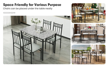 5-piece 4-person Dining Table Set, Imitation Marble Kitchen Table and Chairs 4-piece Set, Metal and Wooden Dining Table Set