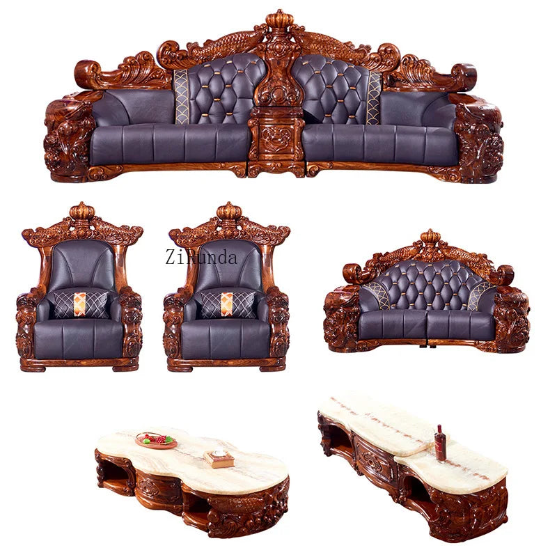 Ebony sofa leather combination, living room villa luxury solid wood furniture