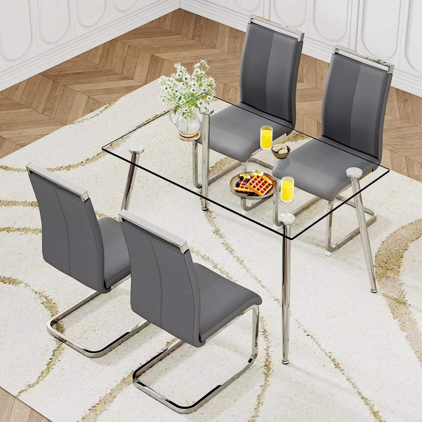 Glass Dining Table Set for 4,5 Piece Dining Table and Chairs Set，Modern Kitchen Dining Room Table with 4 Black PU Leather